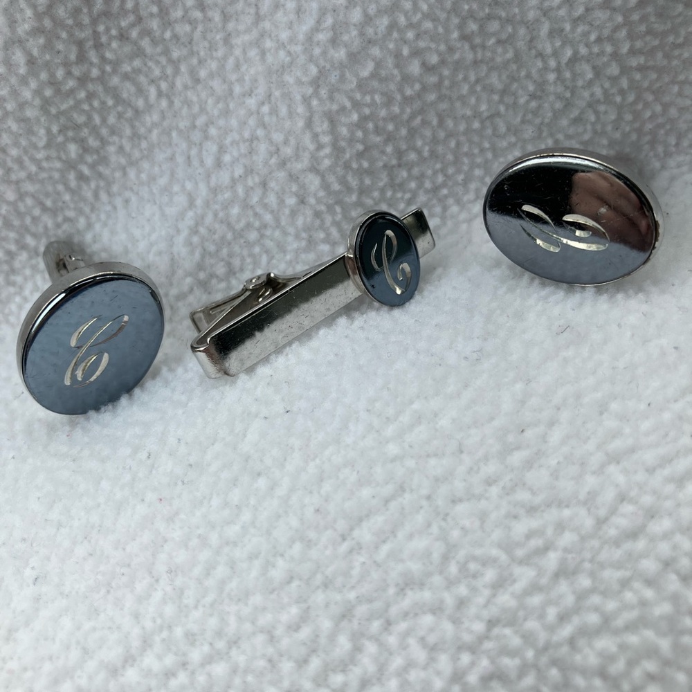 Vintage Silver Color Oval Monogram Cufflinks and Tie Clip Set - E or C Initial